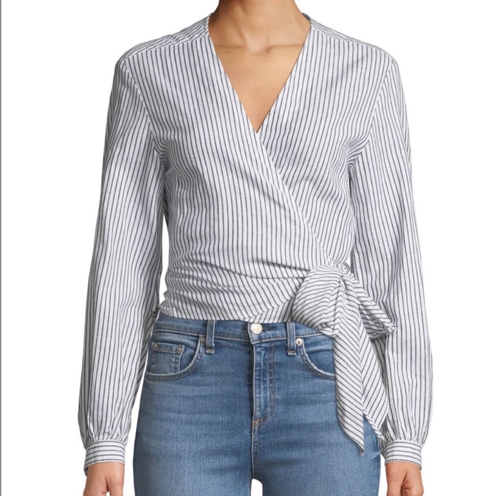 Rag & bone linen blend prescot salute stripe wrap long sleeve blouse size L NWT